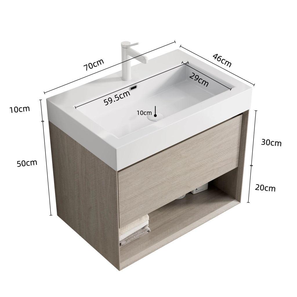 Mobile sottolavabo con lavabo integrato in resina, 1 cassetto e vano aperto, effetto rovere chiaro, 70 × 46 × 60 cm