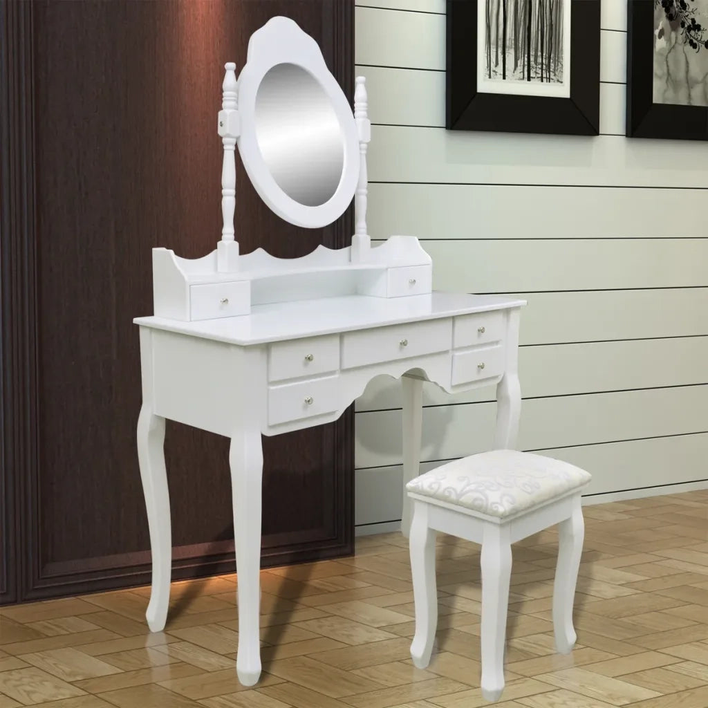 Tavolo da Trucco con Specchio e Sgabello 7 Cassetti Bianco 241002