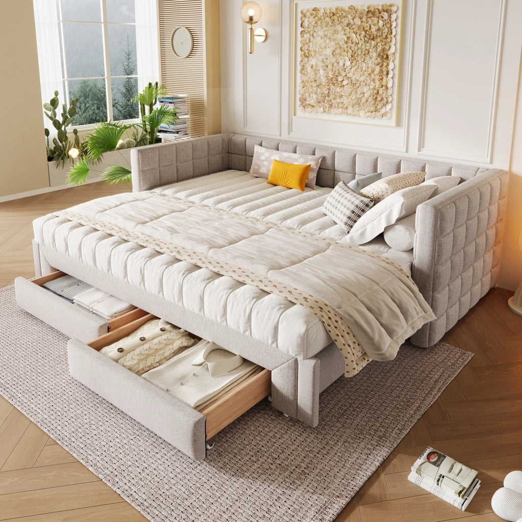 Daybed trasformabile in velluto beige con 2 cassetti 90x200 cm