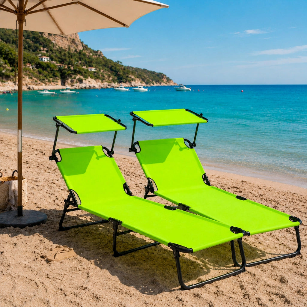 Lettino Prendisole Pieghevole Con Tettuccio Parasole Schienale Reclinabile Regolabile Telaio In Metallo Nero 187 x 53 x 24 Cm Verde Fluo