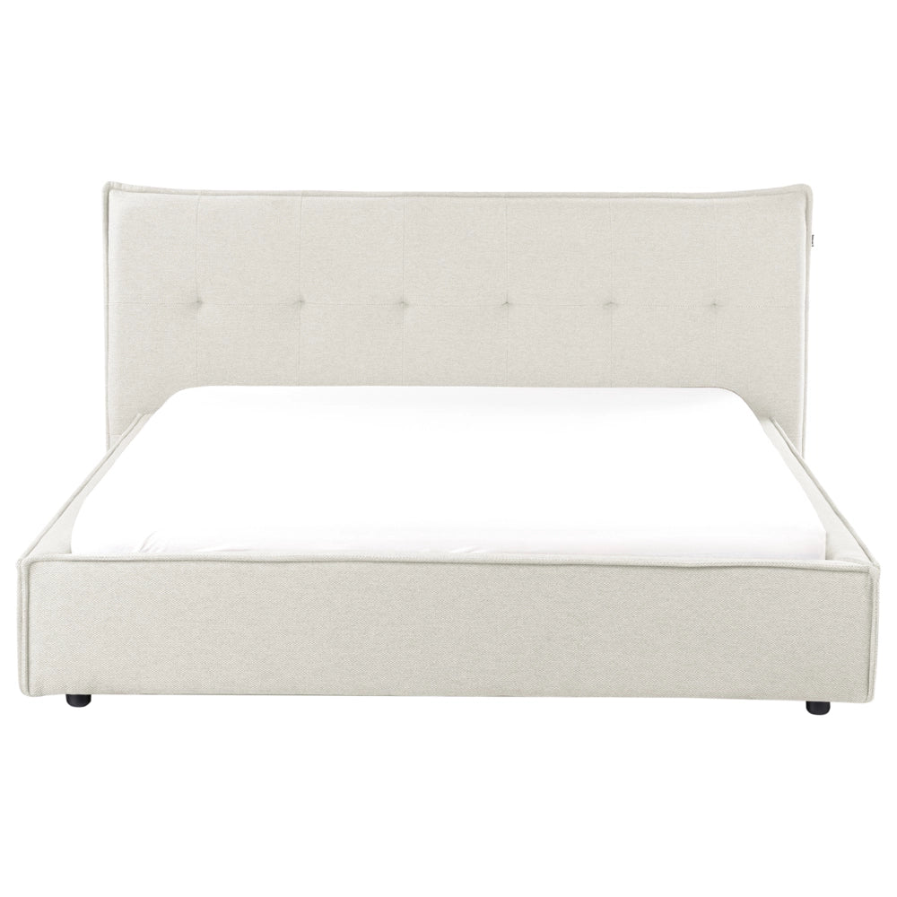 Letto 160 x 200 cm rivestimento in tessuto di lino bianco sporco e gambe nere, con testiera e struttura a doghe per la camera da letto.