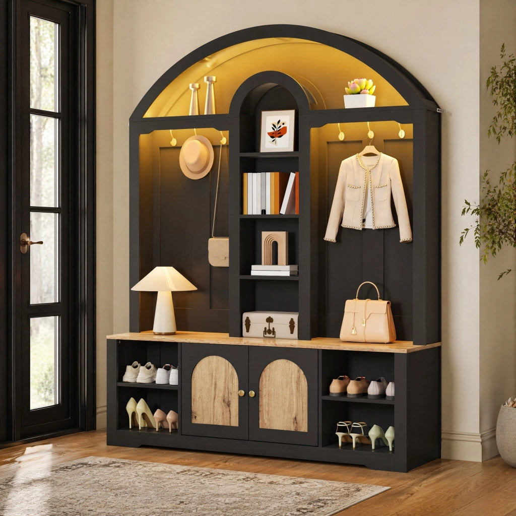 Garderoba da ingresso ad arco con ante; ripiani aperti e ganci; 150x40x195 cm; nero in MDF