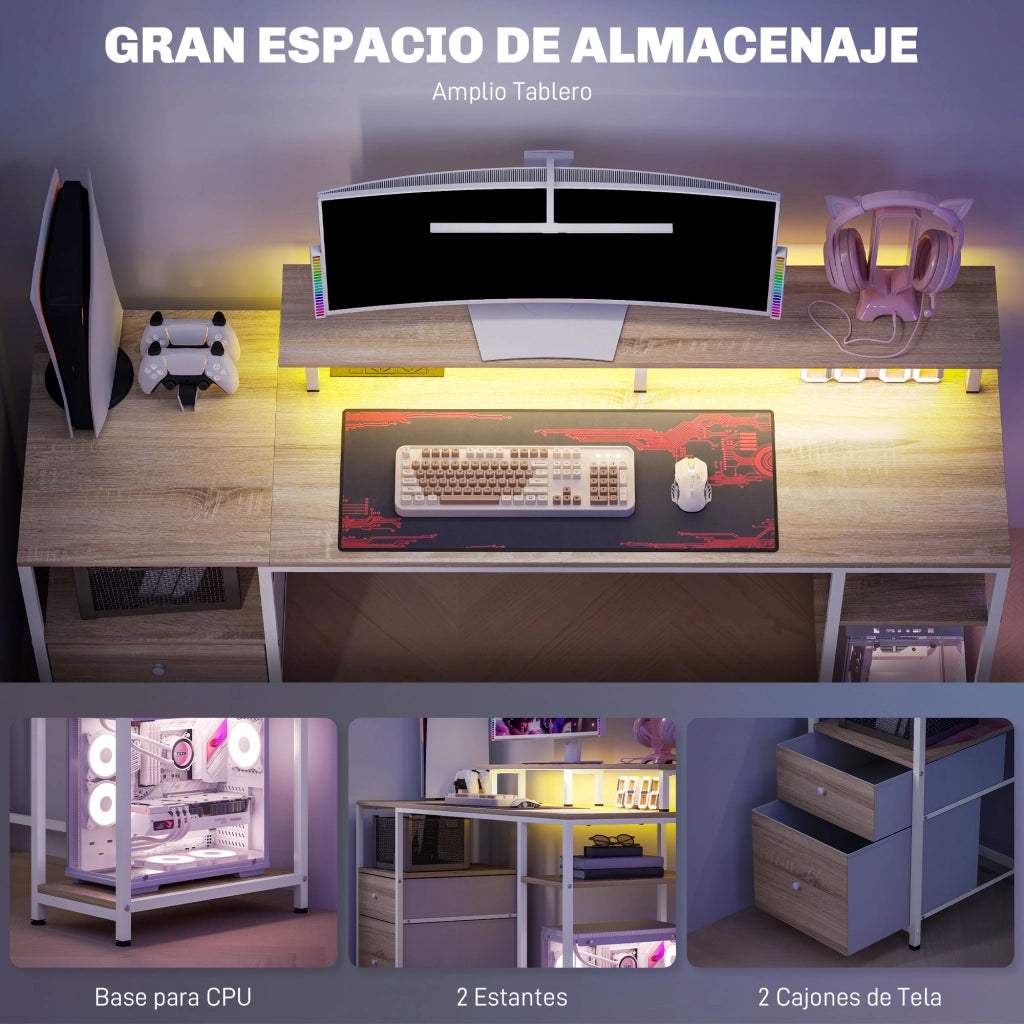 Scrivania per Computer con Luci LED, Cassetti, Prese e USB ¨C Minimal ¨C 155.5x48x88.5 cm Legno Naturale