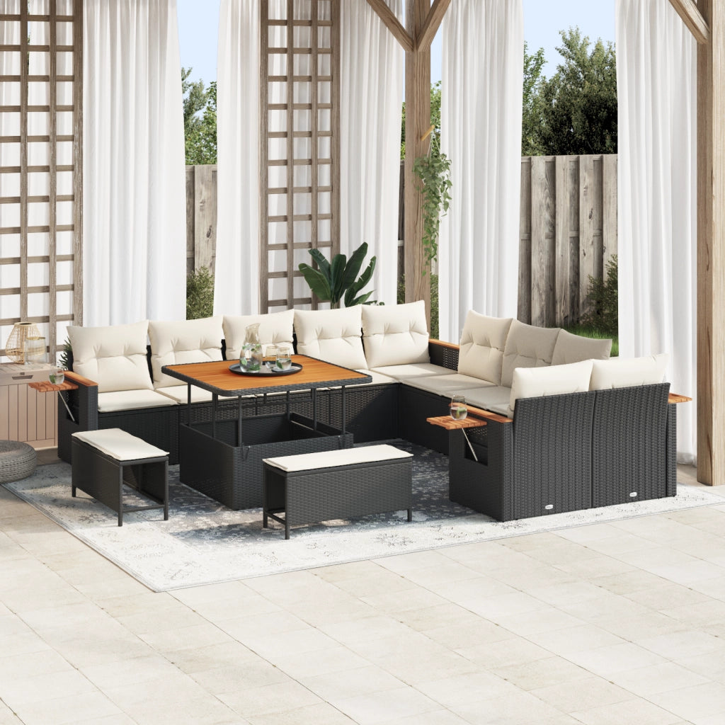 Set divano da giardino 13 pezzi con cuscini Nero Polyrattan Acacia