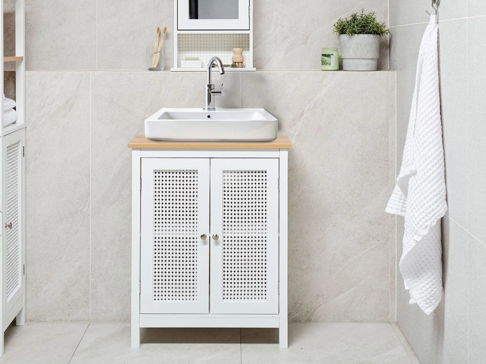 Mobiletto da bagno con lavabo con ripiani Ante traforate MDF Bianco 60 x 75 cm stile raffinato