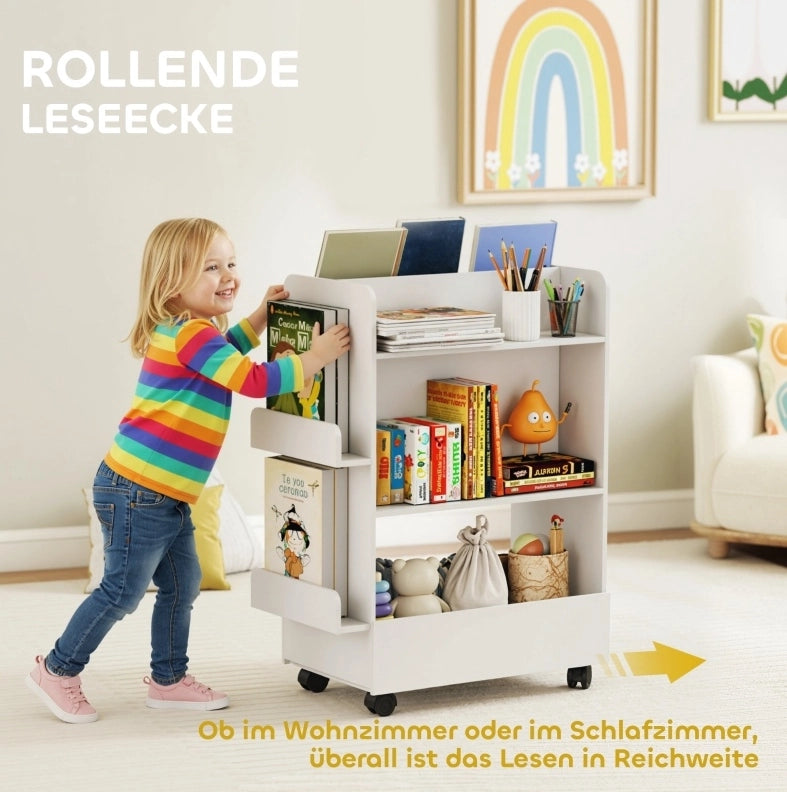 Scaffale libri bambini con lavagna e ruote, bianco