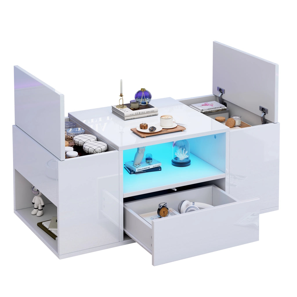 Tavolino basso con 1 cassetto 2 vani chiusi e vano aperto con LED finitura lucida in pannelli di particelle bianco