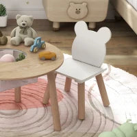 Set con Tavolo e 2 Sedie per Bambini con Schienale a Orsetto, Tavolino con Vano Contenitore, Bianco e Legno