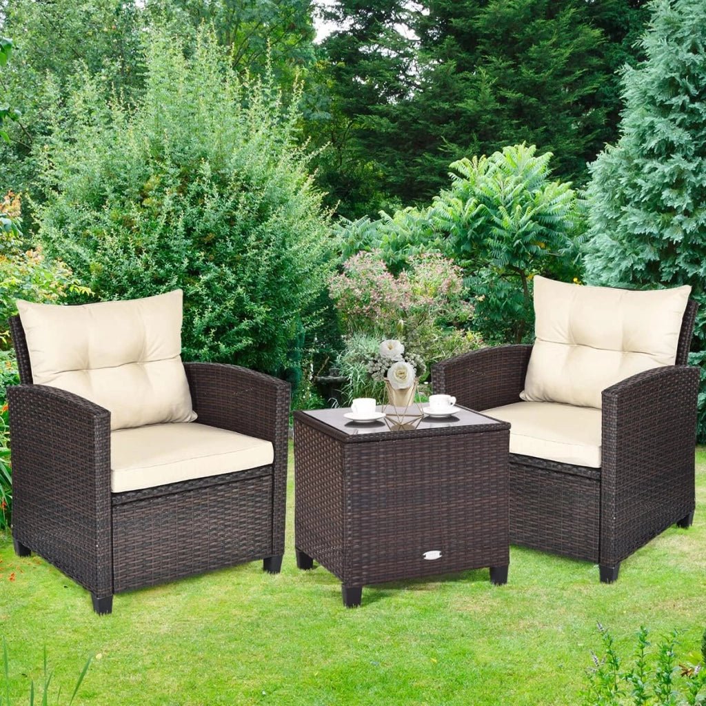 Set di Mobili da Giardino, in Rattan, 3 Pezzi Mobiletti, 1 Tavolino + 2 Poltrone, Salottino da Esterno, con Cuscini per Balcone, Giardino, Cortile, Terrazza, 3 Colori (Marrone)