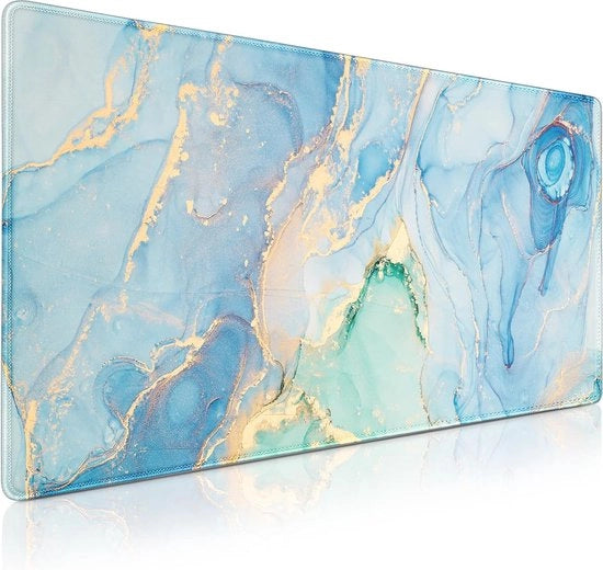 Panno da scrivania XXL 900 x 400 (35,4 x 15,7 pollici) con bordo ondulato, panno da scrivania antiscivolo in gomma, panno da scrivania impermeabile per ufficio, casa e gaming, colore Jade Blue Marble