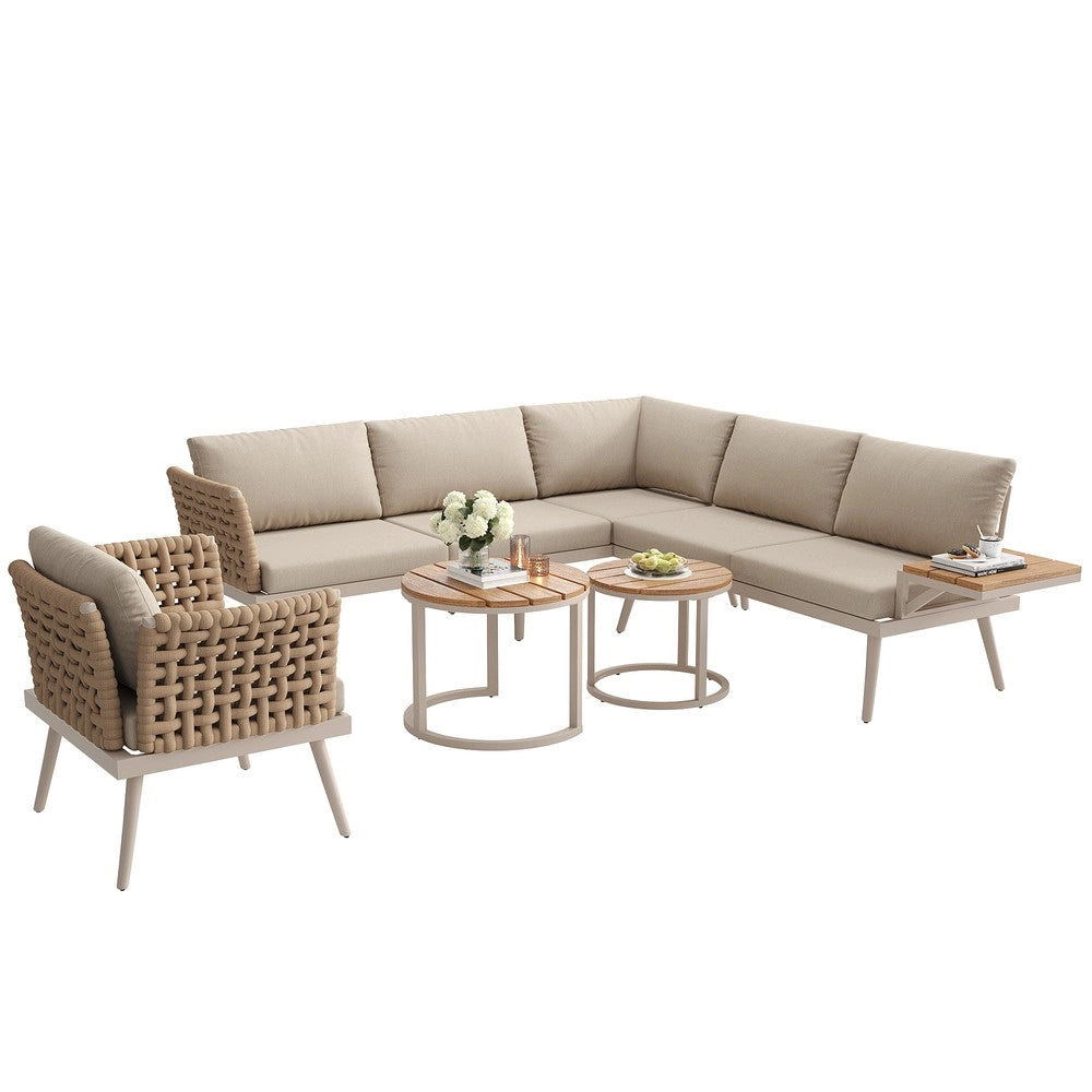 Set Divano da Giardino ad L 6 Posti con Cuscini e Tavolino ¨C Xylo ¨C Polyrattan/Ferro, Grigio/Beige