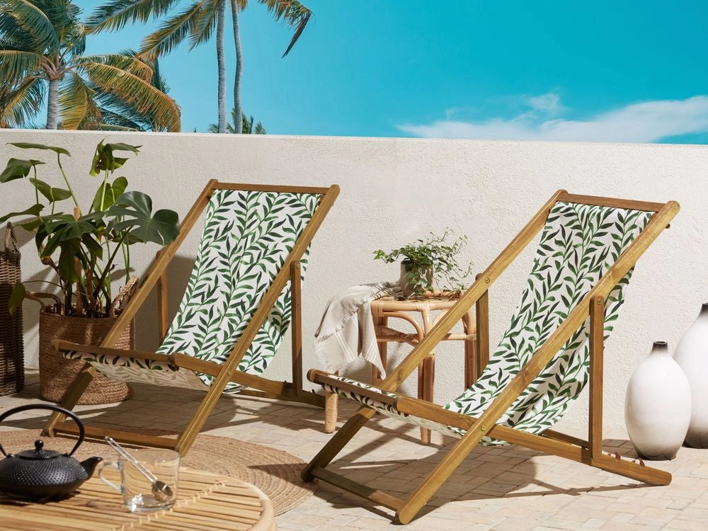 Set di 2 sedie a sdraio da giardino con struttura in legno di acacia chiaro con motivo a foglie in tessuto amaca sedile reclinabile
