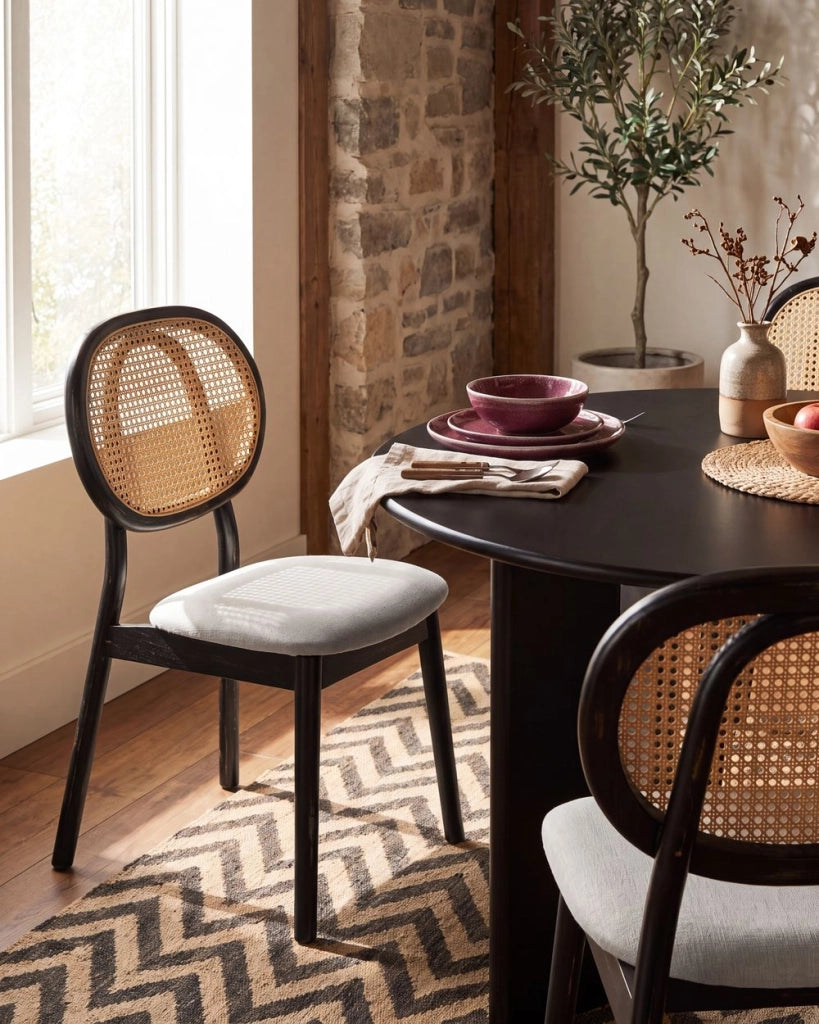 Set di 2 sedie da pranzo con struttura in legno e rivestimento in tessuto nero e beige, schienale ovale con intreccio viennese, stile Japandi