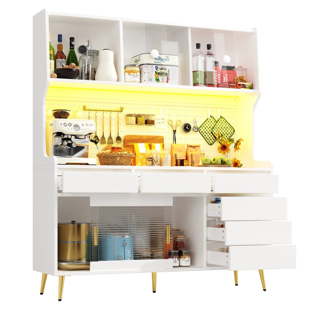 Credenza Alta con Ante Scorrevoli e LED con controllo da applicazione; in MDF e Vetro; 145 x 39 x 171 cm; Bianco
