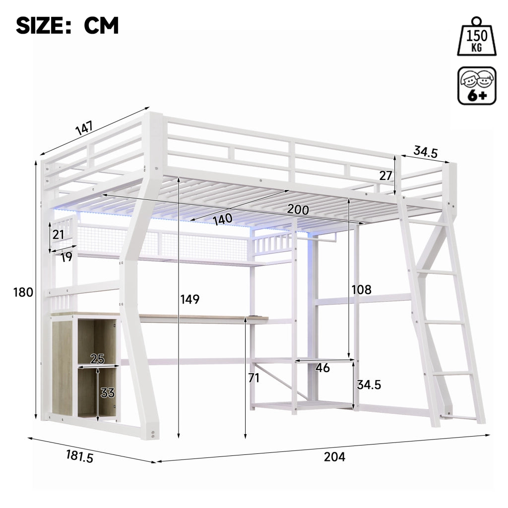 Letto a soppalco 140×200 cm con luce regolabile; presa; scrivania; ripiani; senza materasso; bianco