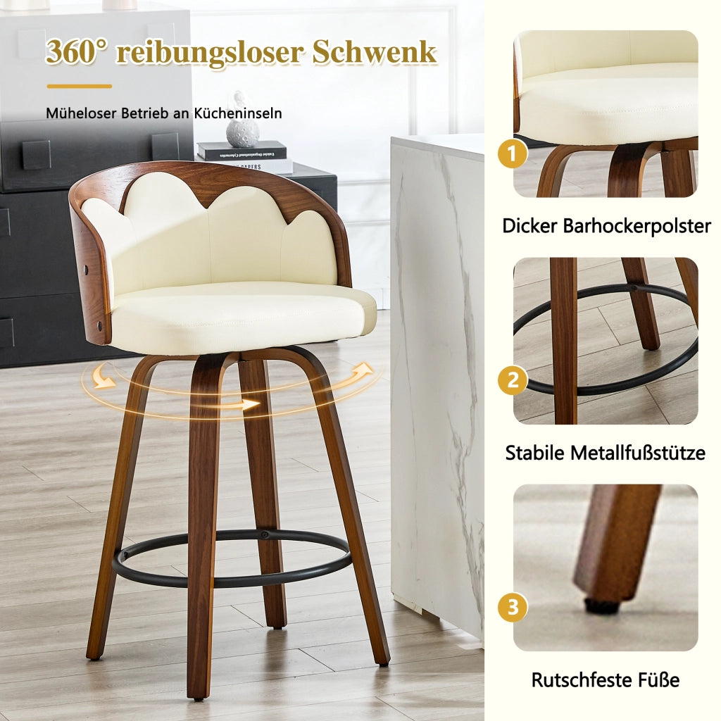 Sgabello da bar con schienale a fiore in legno curvato e PU con poggiapiedi in metallo bianco 64,5 × 53 × 47 cm