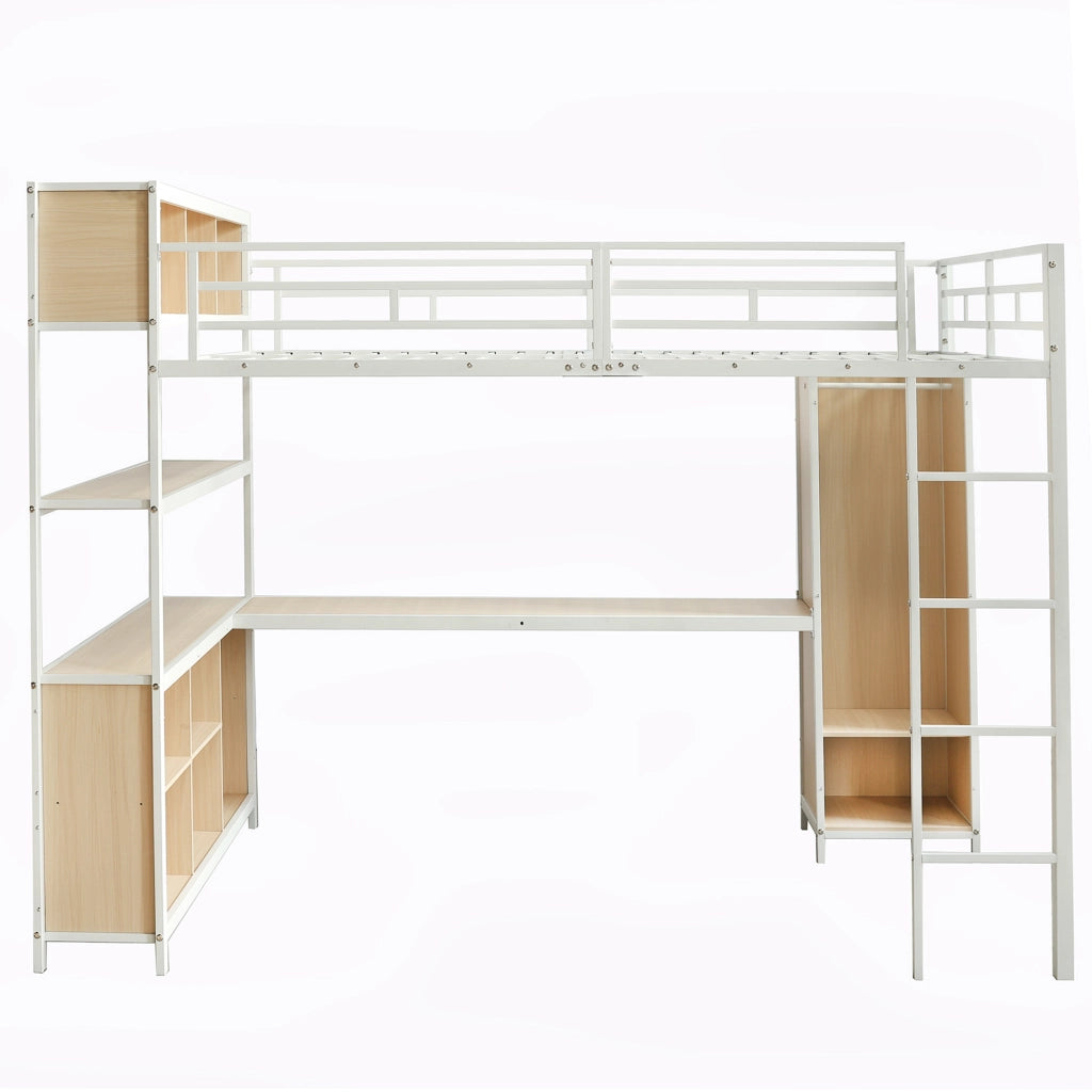 OKWISH Letto a soppalco 140×200 cm, Letto Matrimoniale con Scrivania, Contenitori, Armadio e Mensole, senza Materasso, Bianco