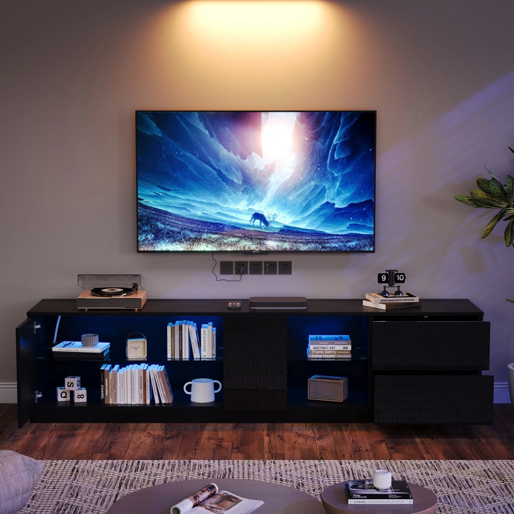Mobile TV basso nero 160 cm con LED, 2 cassetti e vano con vetro temperato