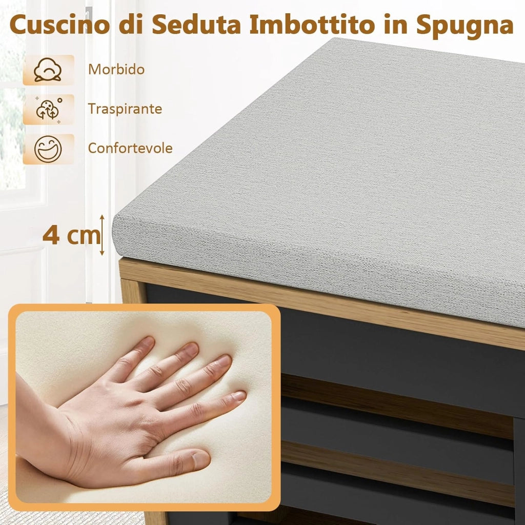 Panca Scarpiera con 6 Scomparti e 3 Ripiani Regolabili, Panca Porta Scarpe con Cuscino, Scarpiera con 2 Ante Scorrevoli, Mobile Scarpe per Ingresso, Soggiorno, 99,5 x 34,5 x 46 cm (Marrone)