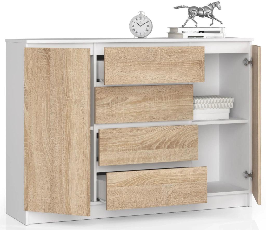 Cassettiera AKORD K140 Bianca 138 cm 2 ante 4 cassetti inserto frontale Sonoma Quercia 138x40x99 cm