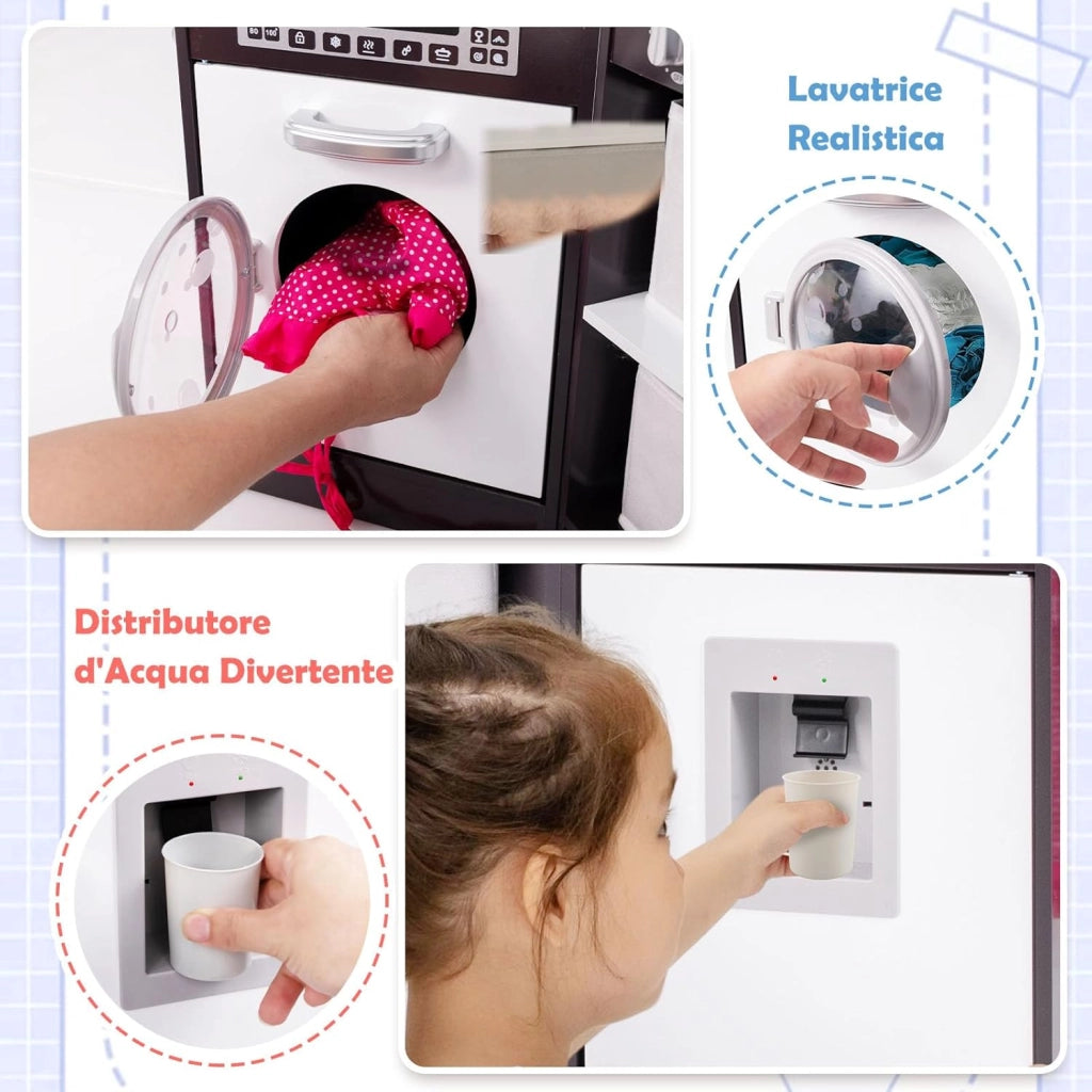 Set di Cucina Giocattolo per Bambini, con Luci e Suoni, Cappa Aspirante illuminata, Fornelli, Forno a Microonde, Distributore d'acqua e Lavatrice, Ideale per Bambini 3 Anni+ (Caffè)