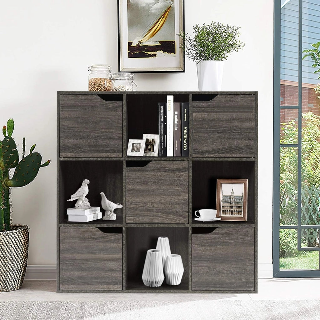 Libreria Scaffale a 9 Cubi e 5 Ante, Scaffale Espositivo in Legno Salvaspazio con 4 Ripiani Aperti, Libreria per Camera da Letto, Soggiorno, Salotto e Ufficio, 90 x 29 x 90 cm (Grigio Scuro)