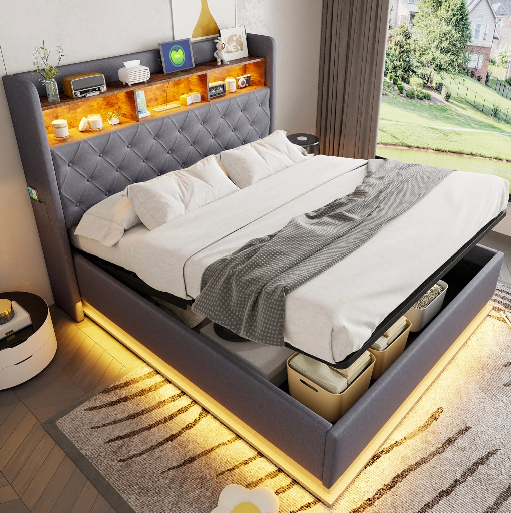 Letto imbottito ULEVR 180x200 cm con contenitore idraulico, LED multicolore e USB, grigio