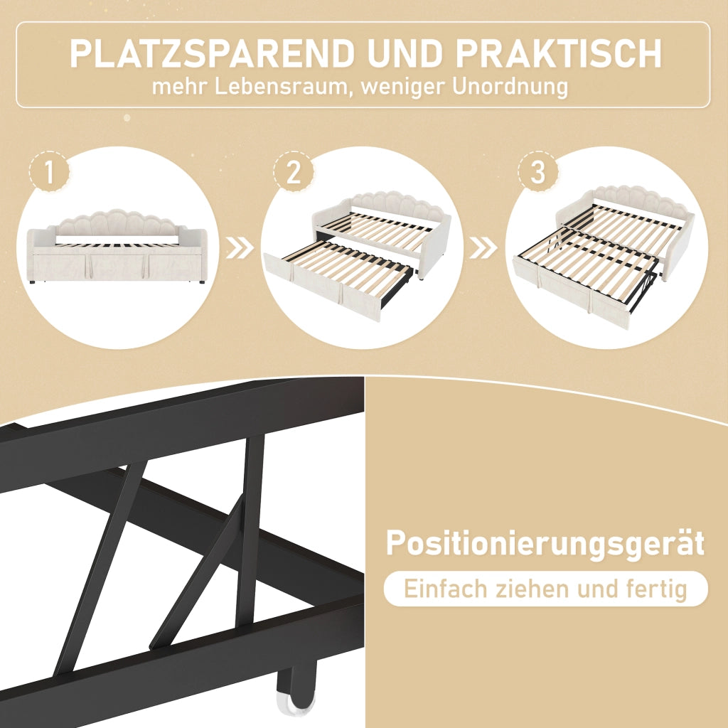 Letto estraibile divano 90 × 200 cm et 180 × 200 cm con LED regolabile, senza materasso, in velluto beige