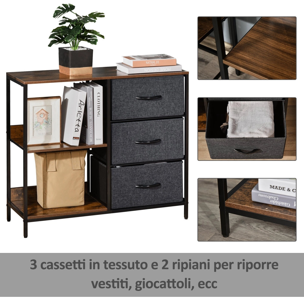EasyComfort Mobile Cassettiera Multiuso con 3 Cassetti Pieghevoli in Tessuto, Arredamento Soggiorno e Camera, 80x29x71cm, Grigio Scuro