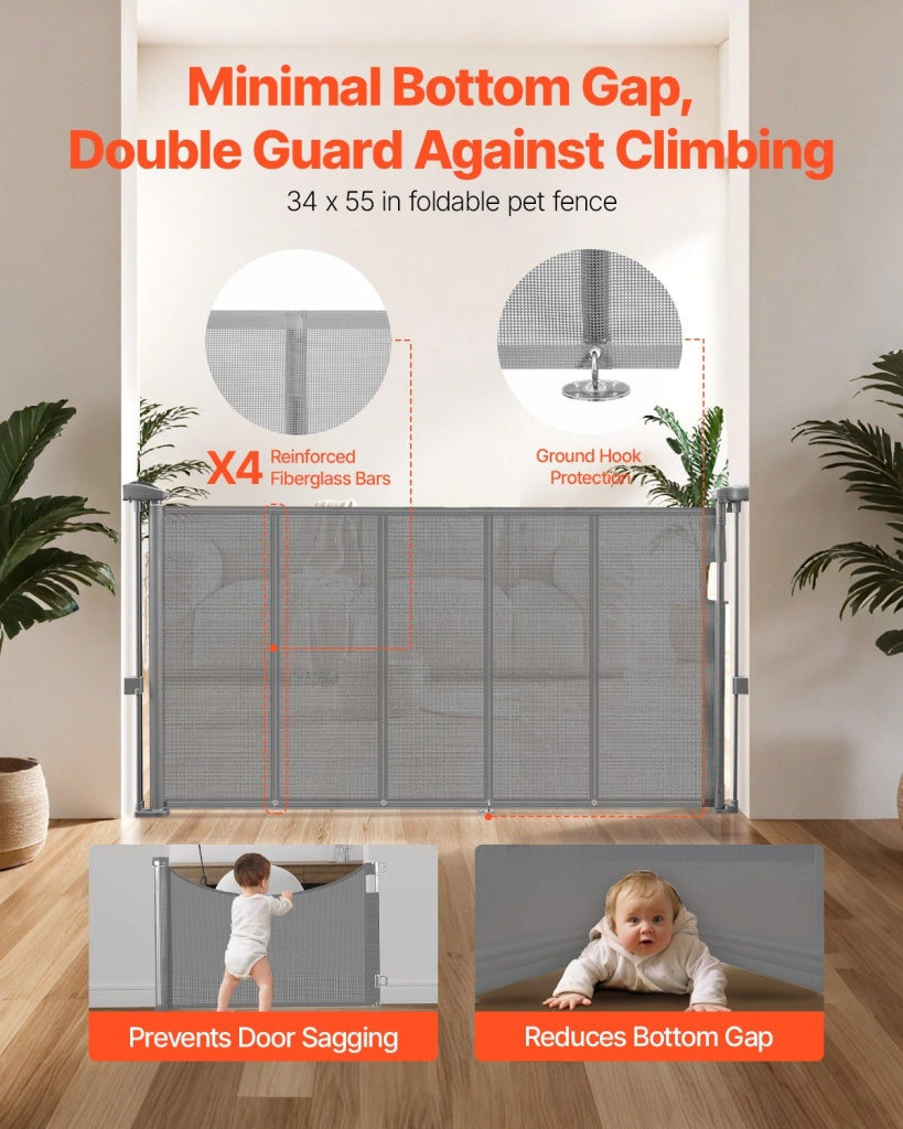 Cancelletto di Sicurezza Retrattile Grigio 87x140 cm per Scale e Porte, Barriera a Rete Salvaspazio per Uso Domestico