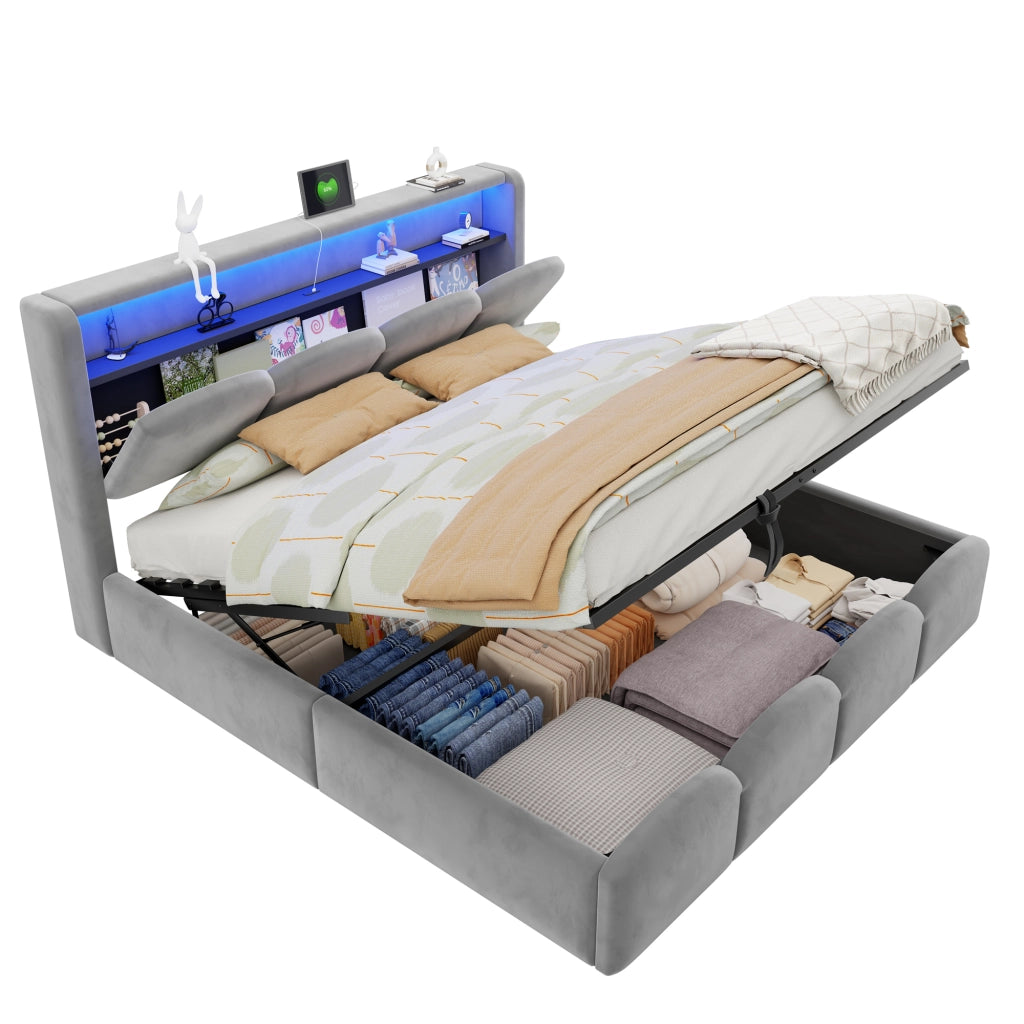 Letto imbottito 140x200 cm con contenitore idraulico e LED in velluto grigio