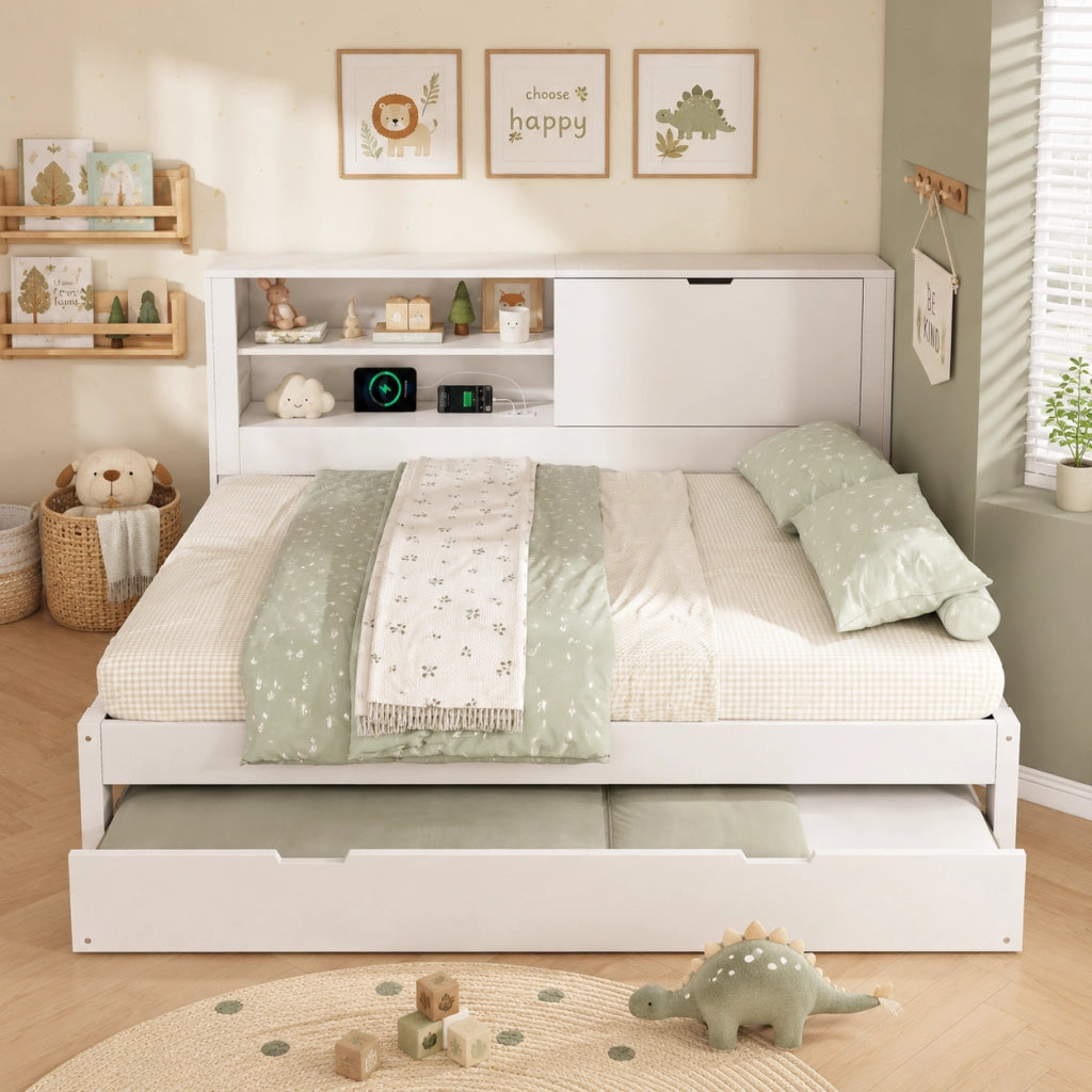 Divano letto 140x190 con estraibile 90x190 bianco vano e ripiano USB/Type-C doghe