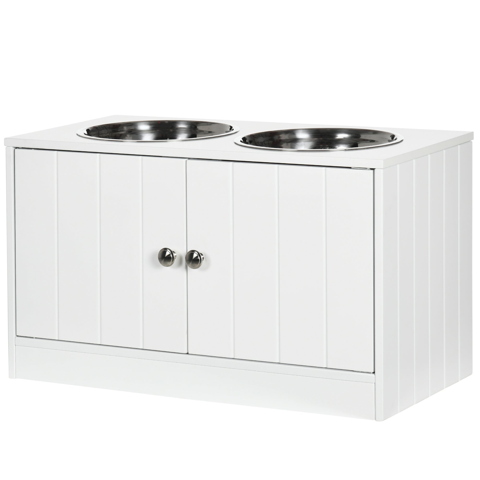 Ciotole per Cani Rialzate con Armadietto da 44L e 2 Ciotole in Acciaio 60x30x35.5cm Bianco