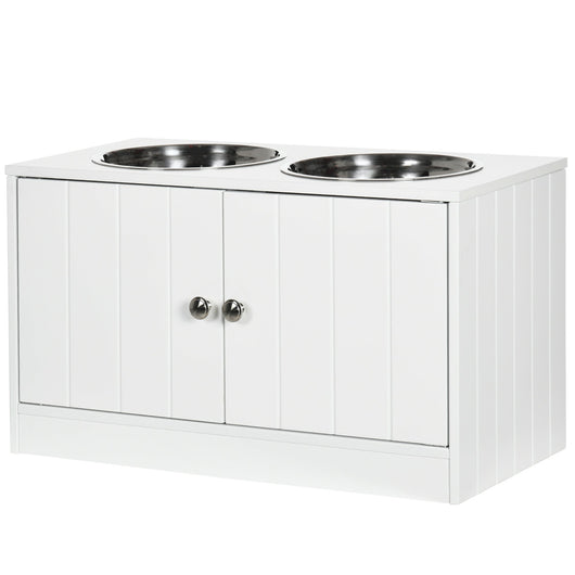 Ciotole per Cani Rialzate con Armadietto da 44L e 2 Ciotole in Acciaio 60x30x35.5cm Bianco