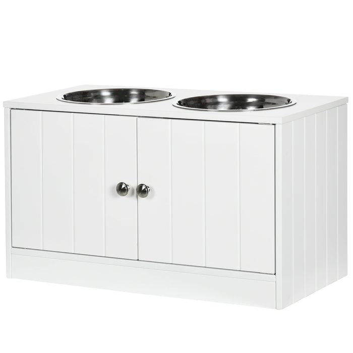 Ciotole per Cani Rialzate con Armadietto da 44L e 2 Ciotole in Acciaio 60x30x35.5cm Bianco