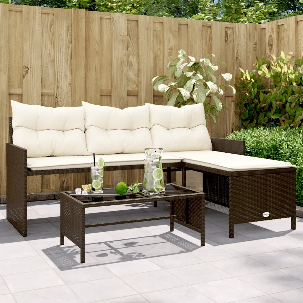 Divano da Giardino con Tavolo e Cuscini a L-Sofa da Giardino-Divano da esterno Marrone Polyrattan 907226