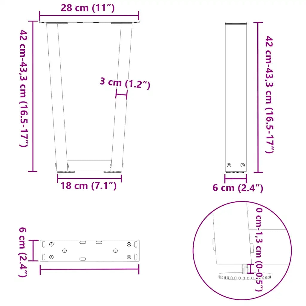 vidaXL Gambe per Tavolino da Caffè a Forma di V 2 pz Nere 28x(42-43,3) cm Acciaio