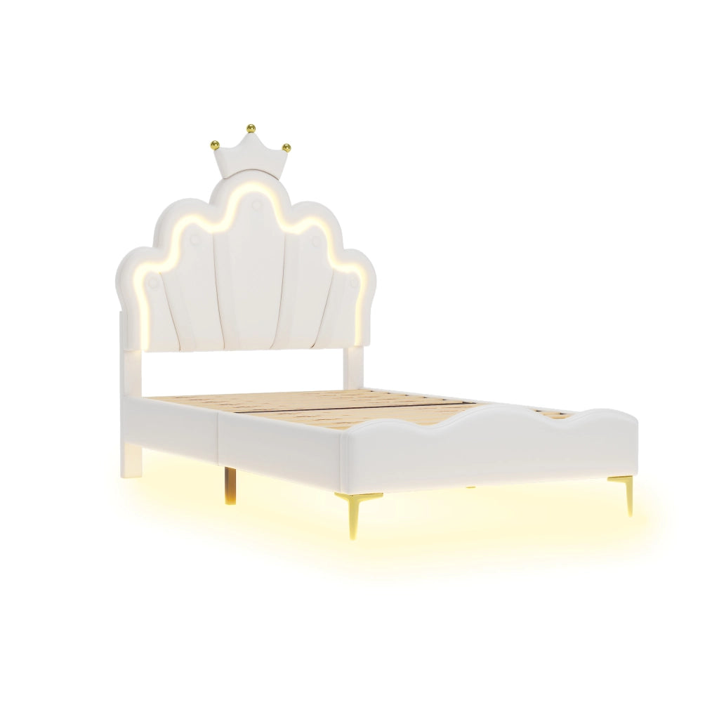OKWISH Letto Bambini 90×200 cm, Letto Singolo con LED Regolabile, Testiera a Corona e Luce Sotto Letto, senza Materasso, PU Bianco
