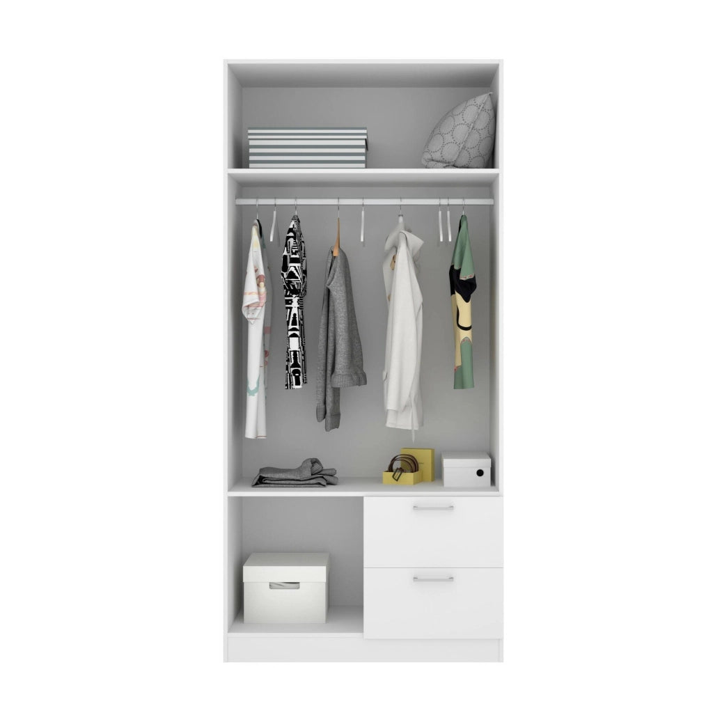 Guardaroba Amp, Mobile appendiabiti per camera da letto, Armadio a 2 ante battenti e 2 cassetti, 100x52h215 cm, Bianco