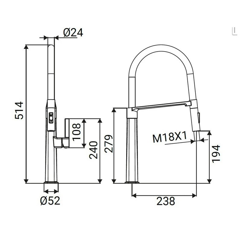 Lavello bocca alta SEUL quadrato con doccia Ø25 mm cromato