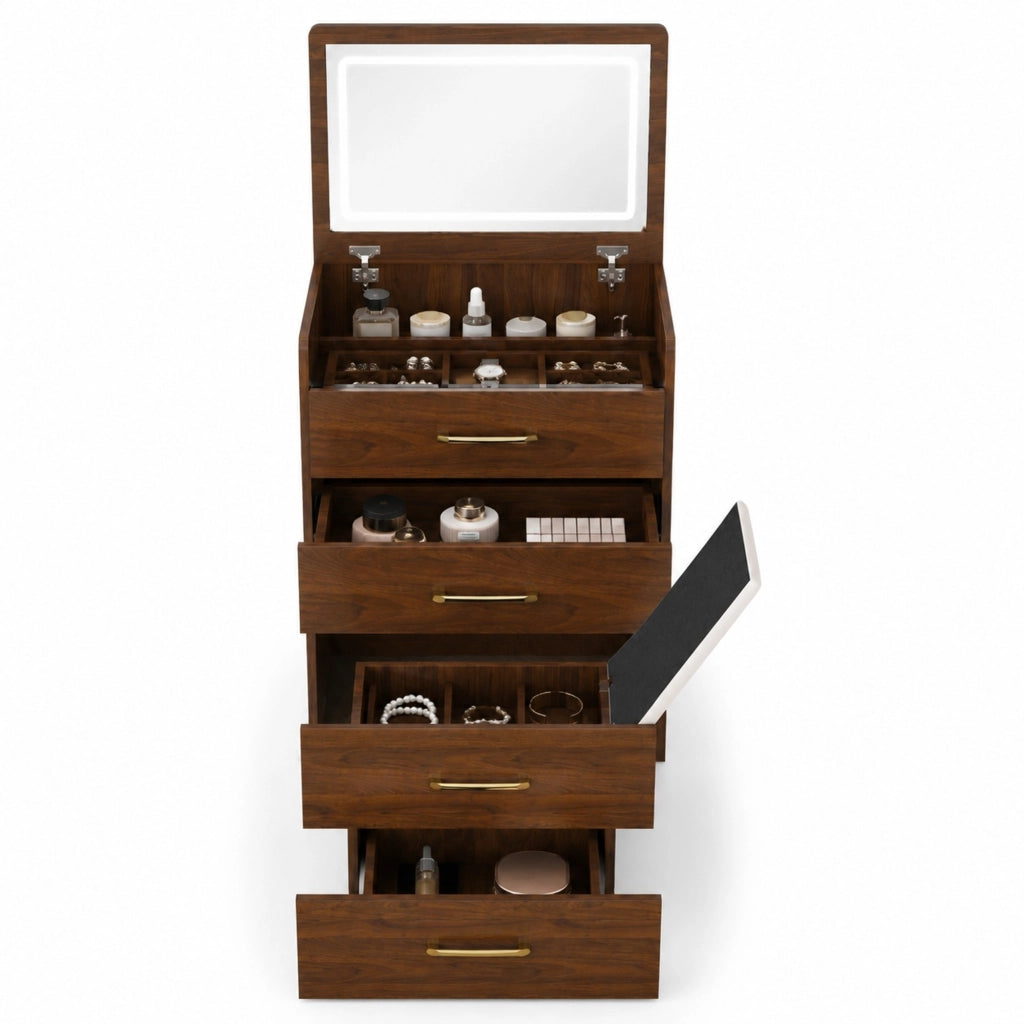 Toeletta 3 in 1 in MDF color noce con specchio pieghevole