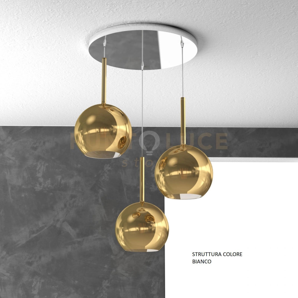 SOSP. BIANCO TONDA 3 LUCI VETRI TUTTI MEDIO ORO 1155BI-S3 TM-OR