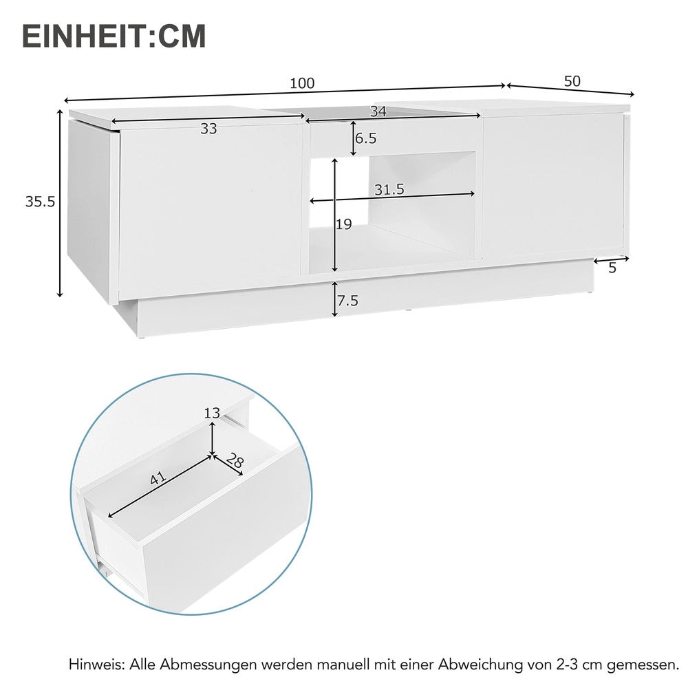 Tavolino da Caff¨¨ con LED, Cassetti e Vetro ¨C MINIMAL ¨C Bianco 100x50x35,5 cm