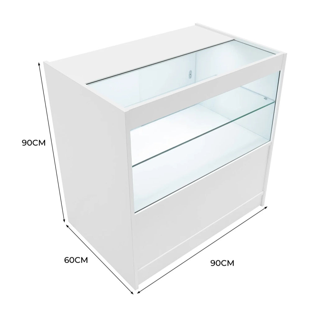 Bancone LED Bianco C900 con Vetrina, Ante Scorrevoli e Ripiani – Bloccabile