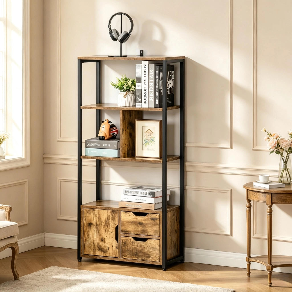 LIBRERIA 58x24x122 cm Nero ed Effetto Legno Antico con Ripiani e Armadietto