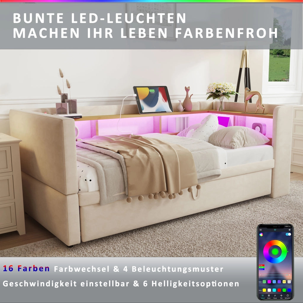 Letto estraibile matrimoniale 90×190 cm e 180×190 cm con ripiani; LED e prese; senza materasso; flanella; beige