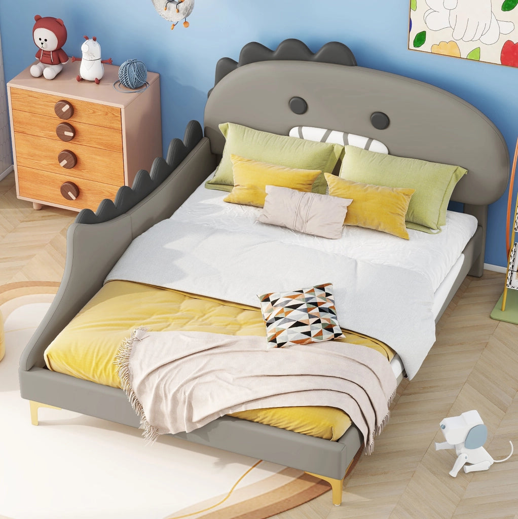 Letto per bambini 140x200 cm; design dinosauro; PU e MDF; grigio