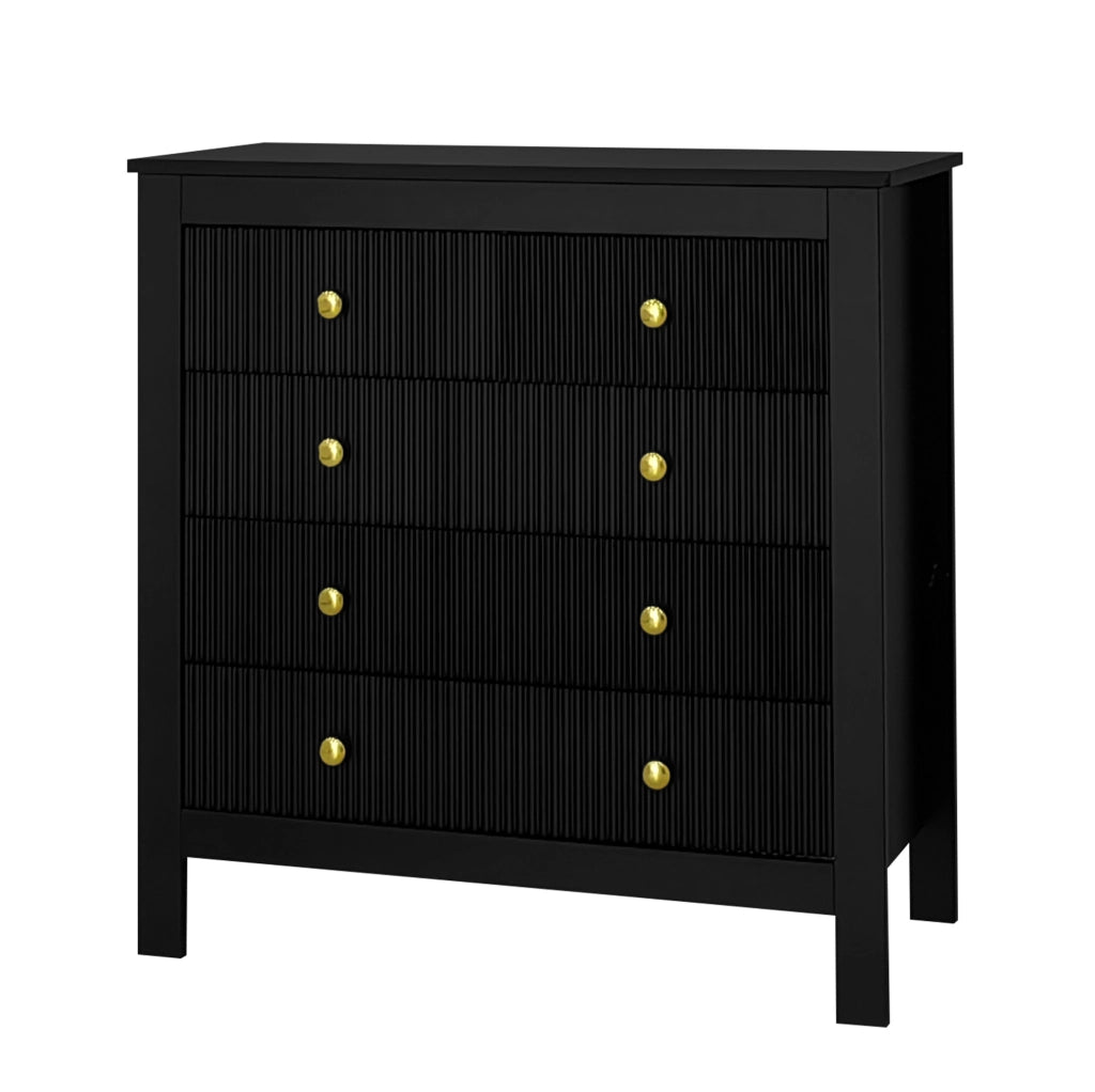 Kommode mit 5 Schubladen, schwarze Spanplatte, Goldgriffe, 79x80,5x39,5 cm