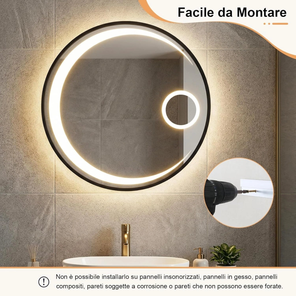 Specchio Bagno con Luce LED da 61 cm, Specchio Rotondo da Parete con Lente d'Ingrandimento 3X, Antiappannamento, 3 Colori Luce, 3000K-6500K, Luminosità Regolabile, IP44