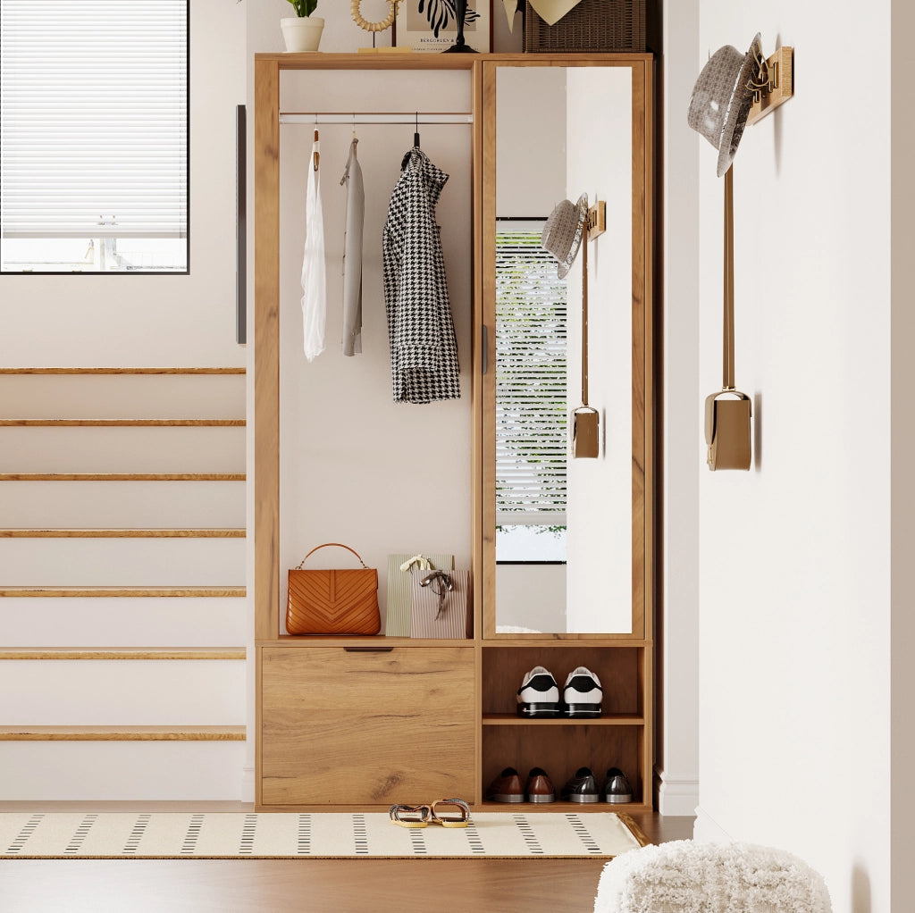 Mobile ingresso 6 in 1 100 x 33 x 190 cm con specchio; appendiabiti e vani; colore legno naturale